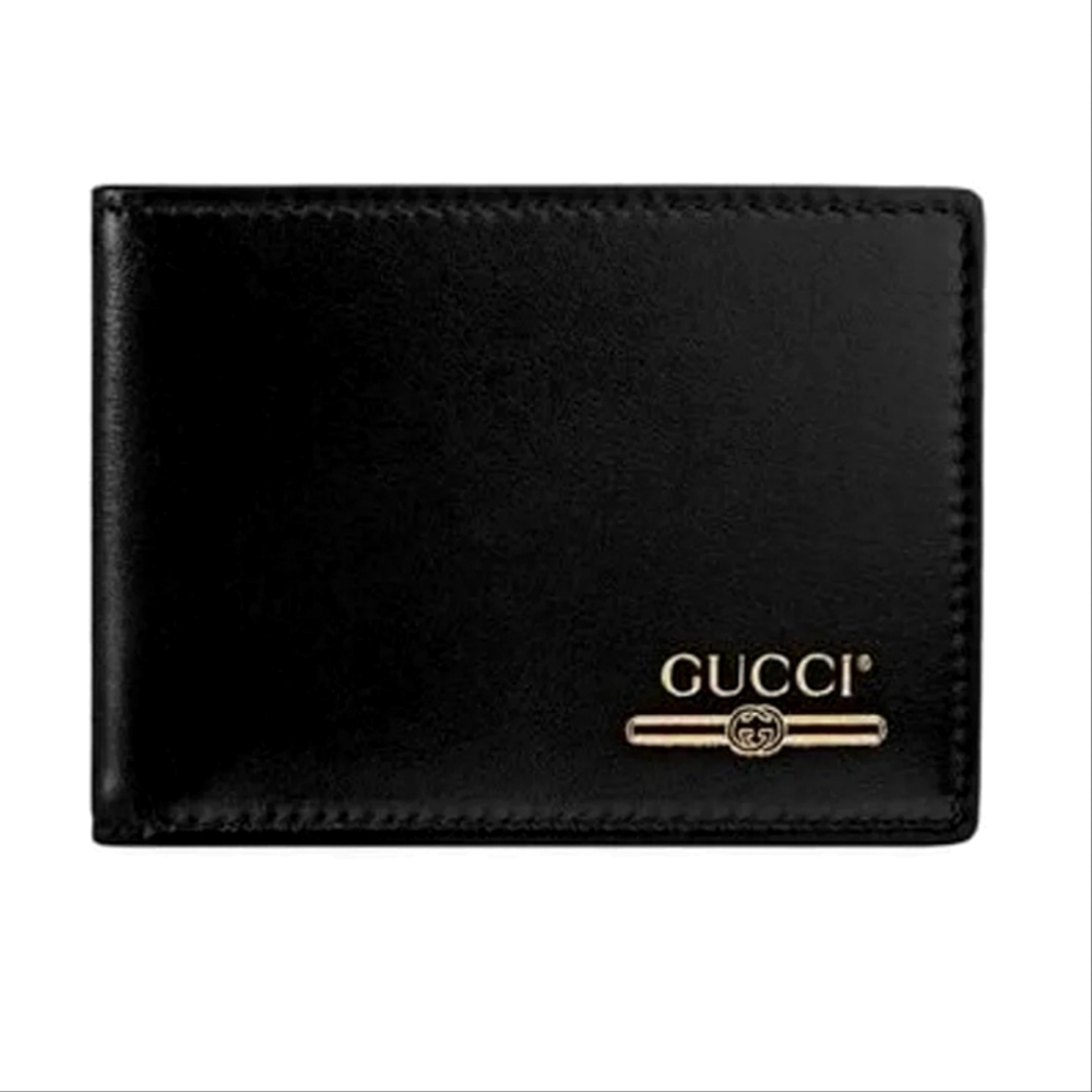 Gucci Mens Smooth Black Leather w/gold Logo Bifold